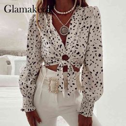 Glamaker Bohemia blusa con estampado de puntos de gasa para mujer, camisa de manga larga con cuello en V para vacaciones para mujer con círculo, top corto elegante para mujer 210412