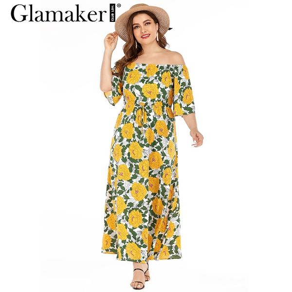 Glamaker Robe longue à fleurs jaune élégante Femmes sexy robes maxi à manches évasées Femme hors épaule robe de soirée d'été vacances 210412