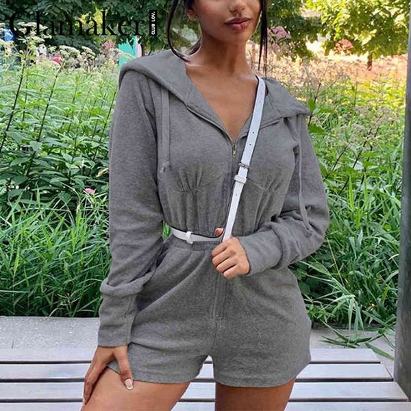 Glamaker Fashion Casual Hoody Romper Bleu Hiver Zipper Automne Combinaison courte Femmes Gris Chic Nouveau Style Short Playsuit 210412