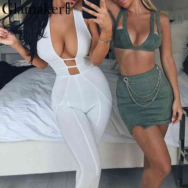 Glamker Hollow Out sin mangas Jumpsuit Sexy Women Women Bodycon Jumpsuits Rompers Summer Streetwear Long Playsuit.