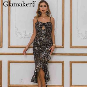 Glamaker léopard paillettes fendu sexy été femmes robe élégante robe d'été midi transparente fête volants femme robe vestidos 210412