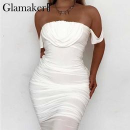 Glamaker Off épaule drapé robe blanche plissée femmes élégante fête moulante robe longue été sexy robe noire vestido de fiesta 210412