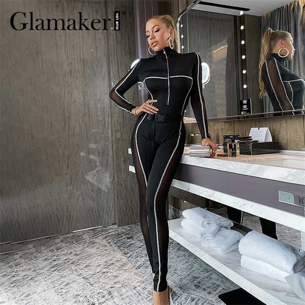 Glamaker Patchwork Sexy Bodycon Básico Básico Negro Jumpsuits con Cinturón Casual Sportswear Zipper Slim Elasticity Otoño Plazo largo 211119