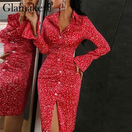 Glamaker Polka dot impreso rojo moda midi vestido invierno otoño satén oficina señoras botones estilo elegante vestido 210915