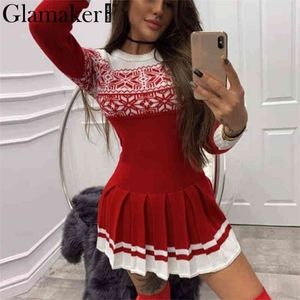 Glamaker Red Kerstmis geplooide Kortjurk Party Bodycon Basic Elegant Dress Winter Herfst Chic Slim Jurk New 210322