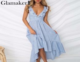 Glamaker Ruffle Lace Up Blue Sexy Robe Femmes Backless High Taille Robe maxi Robe Beach Robe d'hiver 2018 Vestidos Sundress4589195