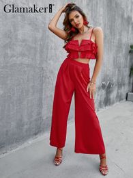 Glamaker Sexy dos nu bretelles spaghetti à volants 2 pièces ensemble femmes élégant rouge taille haute pantalon large jambe été culture décontracté s 220602