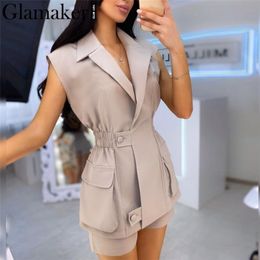 Glamaker sans manches 2 pièces costume ensemble femmes col en v taille élastique femme bureau dames ensemble shorts d'été co ord ensemble tenues sexy 210302