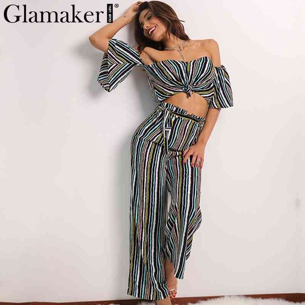 Glamaker Spring Off Hombro Dos piezas Pantalones de pierna ancha a rayas Fiesta sexy Mono sin espalda Romper Arco Verano Elegante Mono 210412