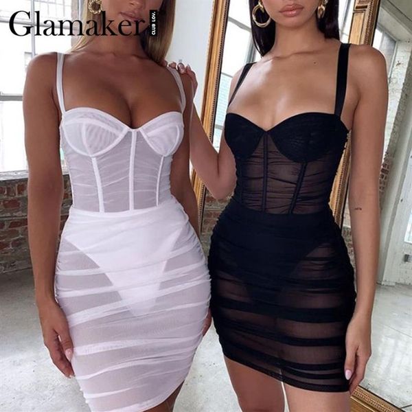 Glamaker Transparent blanc moulante femmes sexy maille noir court club élégant fête d'été mini robe de nuit festa 2104142312