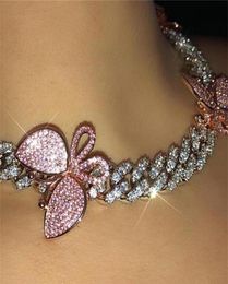 Glamerende roze Cuban Link Butterfly Choker kettingketting Crystal Rhinestone Chokers kettingen voor vrouwen goudkraag hele CX20072439663755