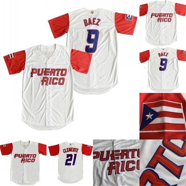 GlaMit 2017 Puerto Rico World Classic Jersey 9 Javier Baez 21 Roberto Clemente 1 Carlos Correa 4 Yadier Molina 15 Carlos Beltr Maillots de baseball