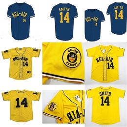 GlaMit Baseball Jersey Will Smith 14 # Baseball Jersey Bel-Air Academy Broderie Cousu Frais Prince Jaune Haute Qualité vintage