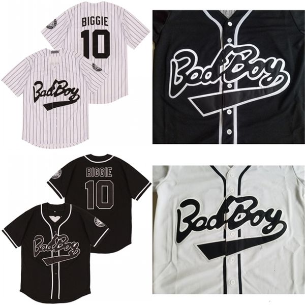 GlaMitNess Biggie Smalls 10 Maillot de Baseball Blanc Bad Boy Comprend Patch Blanc Noir Mode Double Couture Haute Qualité