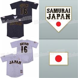 GlaMitNess Japan Samurai 16 Shohei Ohtani Jersey Noir Blanc Stripe Pinstriped Film Maillots De Baseball 100% Cousu Hommes Femmes Jeunesse CustomWholesale