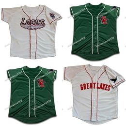 GlaMitNess Mens Great Lakes Loons Blanco Verde Custom Double Stitched Shirts Baseball Jerseys de alta calidad