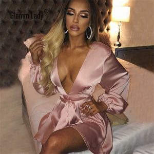 Glamm Lady Bodycon Party Sexy Vestidos Mujeres Deep V Neck Satin Mini Dress Pink Woman Summer Dress Mujer Vendaje Vestidos 210603