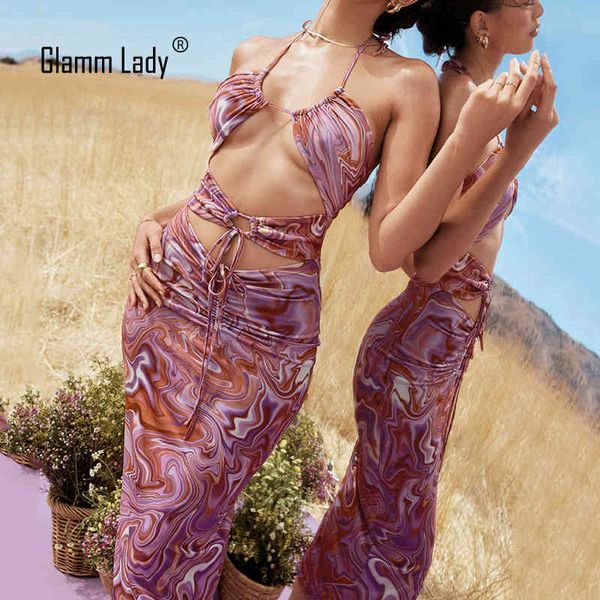 Glamm Lady Digital Print Sexy Party Robe Midi Femmes Dos Nu Moulante Robe d'été Élégant Club Robe 2021 Robe décontractée Mode X0521