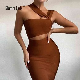 Glamm Lady Midi Casual Bandage Dress Pour Femmes Party Bodycon Sexy Dress Sans Bretelles Automne Robes Élégant Évider Vestidos 210325