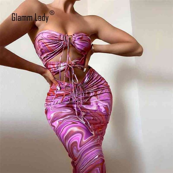 Glamm Lady Print Casual Party Midi Dress Femmes Moulante Sexy Summer Dress Club Élégant Dos Nu Robe Spaghetti Strap Vestidos 210719