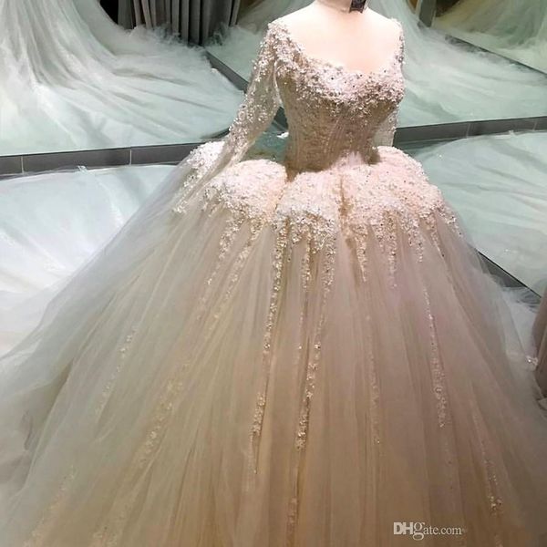 Glamour dentelle robe de bal robes de mariée perle hors de l'épaule Tulle robes de mariée avec manches princesse robe de mariée