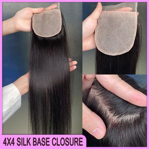 Glamorous 100% cheveux humains vierges crus 4x4 fermeture de base en soie 1 pièce couleur naturelle Extension de cheveux raides soyeux