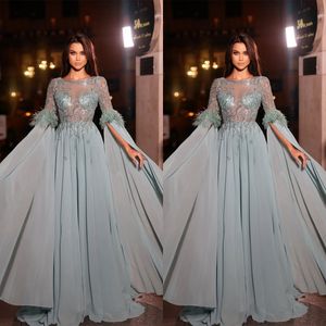 Glamoureuze A-Line prom-jurken Juwelier Juweel Lange mouwen Veren Stralende aanvragers Backless ritssluiting Lengte op maat gemaakte plus size feestkleding Vestido de noite