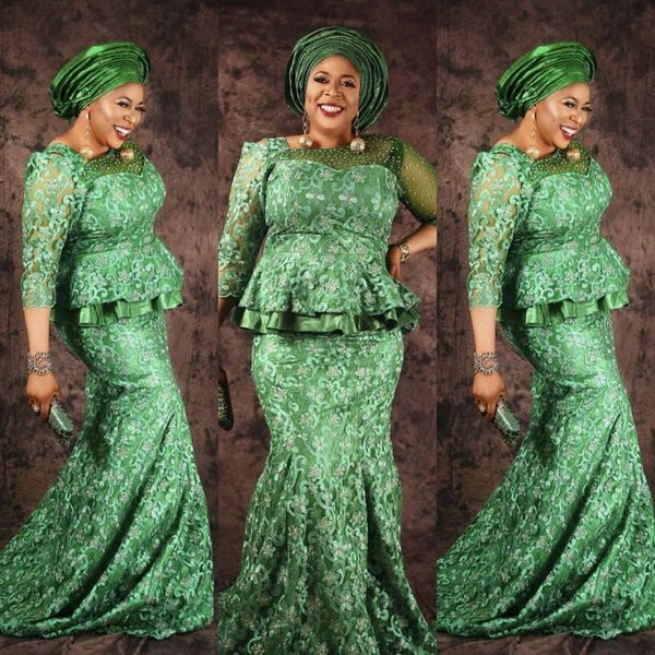 Glamour Aso Ebi Robes De Bal Manches 3/4 Complet Dentelle Appliques Peplum Sirène Longues Robes De Soirée Nouvelle Arrivée Élégant Formelle Robes De Soirée