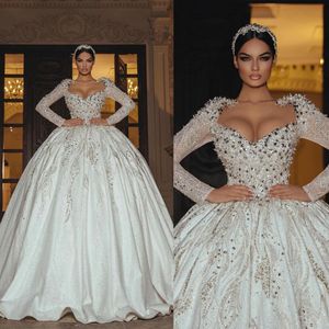 Glamoureus Baljurk Trouwjurken Vierkante Appliqués Pailletten Kralen Parels Lange mouwen Plooien Bruidsjurk Op maat gemaakt Grote maten Vestidos De Novia