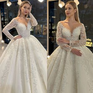 Glamoureuze baljurk trouwjurken V-neck lange mouwen glanzende kanten aanvragers hoge taille kapel jurk op maat gemaakte bruidsjurk vestidos de novia