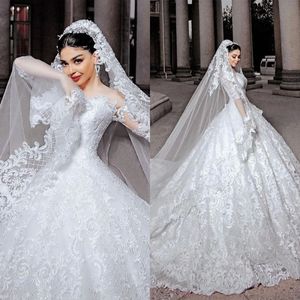 Robes de mariée glamour robe de bal avec voile dentelle appliques épaule manches longues robe de mariée balayage train robes de novia taille personnalisée