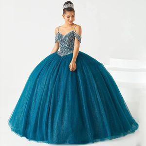 Glamoureuze kralen Quinceanera -jurken Spaghetti -band Turquoise Sweet 15 Prom Glitter Ball Jurk Vestidos de 16 Anos voor verjaardagsavondfeest 415