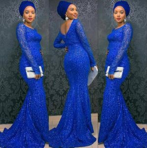 Robes de bal de style Blue Asoebi Glamorous Robes de bateau à manches longues Sirène Back Robes de soirée 2017 en dentelle sexy élégante Part4754197