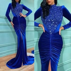 Glamoureuze blauwe prom-jurken Mermaid Hoge nek Taffeta pailletten lange mouwen lange mouwen voorste split plooien vloeren lengte ritssluiting op maat gemaakte avondjurk plus maat