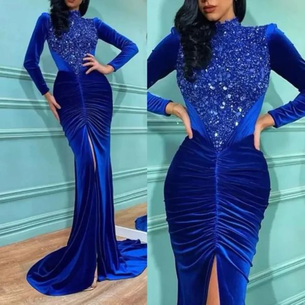 Vestidos de fiesta azules glamorosos Sirena Lentejuelas de tafetán de cuello alto Mangas largas Pliegues delanteros Hasta el suelo Cremallera Vestido de noche por encargo Tallas grandes