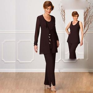 Costume de pantalon en mousseline de soie marron glamour pour le mariage mère de la mariée costumes de pantalon avec veste femmes tenue de soirée robe d'invité de mariage