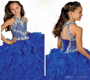 Glamous Girls Pageant Robes Halter High Necolline Breded Breads Perts Little Blue Blue Organza Flower Girls Dress6326885