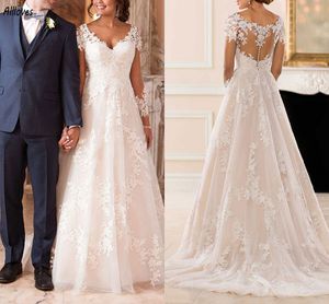 Glamoureuze kanten Appliqued Wedding Jurken A Line Illusion Long Sheeves V Neck Boho Garden Bruidjurken Plus Size Sweep Train Train Knoppen Vestidos de novia CL3110