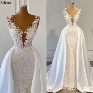 Robes de mariée sirène en dentelle perlée glamour avec train détachable modeste satin col en V sans manches robes de mariée arabe Aso Ebi grande taille robes de mariée CL2045