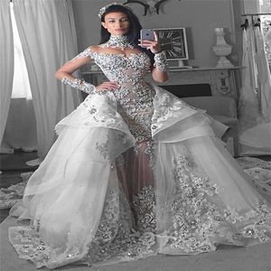 Vestidos de novia de sirena de diamantes de imitación de manga larga glamorosos con tren desmontable Vestidos de novia de cuello alto de Dubái Sobrefalda con gradas bri280N