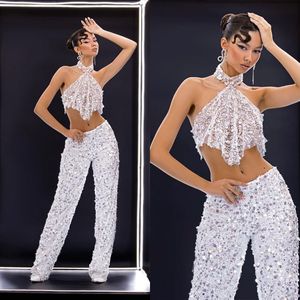 Glamorous Mermaid Prom Dresses Halter Art Deco-inspired Neck Sleeves Two Pieces Sequined Unique Design Custom Made Plus Size Party Dress Robe De Noite
