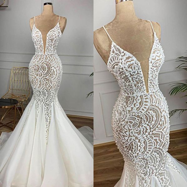 Robes De Mariée Sirène Glamour Col En V Profond Spaghetti Modèle Spécial Demandeur Organza Dos Nu Robe De Cour Sur Mesure Plus La Taille Vestidos De Novia