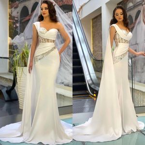 Robes De Mariée Sirène Glamour Taille Haute Chérie Une Épaule Cape Paillettes Candidats Dos Nu Fermeture Éclair Robe De Cour Sur Mesure Plus La Taille Vestidos De Novia