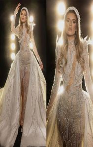Robes de mariée sirène glamour bijou drapé brillant paillettes perlées perles avant fendues robe de cour mince sur mesure grande taille Ves2449191
