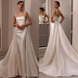 Robes de mariée sirène glamour surjupes perles perles bretelles robe de mariée en Satin balayage Train robe de mariée robes de mariée