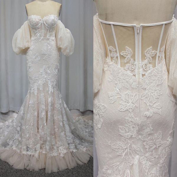 Robes de mariée sirène glamour chérie épaule dénudée fleur demandeur dos nu robe de cour en tulle volants sur mesure fabriqués grande taille robe de mariée robes de novia