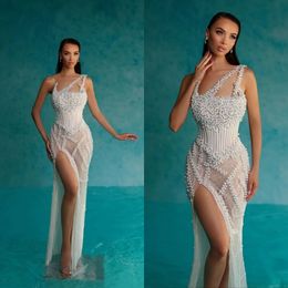 Glamour une épaule robes de bal perles sirène robes de soirée côté fendu Illusion sans manches sur mesure robes de soirée formelles