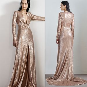 Robes de bal glamour A-ligne col en V profond manches longues haut devant fendu dos nu sur mesure fermeture éclair robe de soirée robe de soirée, plus la taille