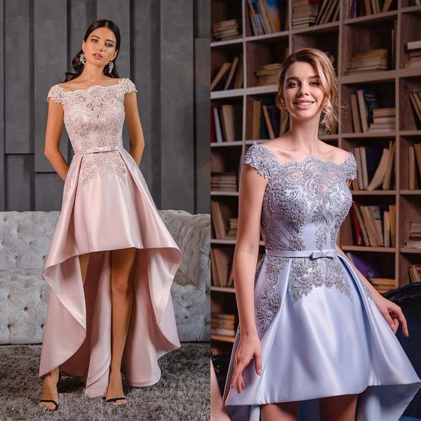 Vestidos de fiesta glamorosos Bateau fuera del hombro Frente corto y espalda larga con un cinturón Solicitante de cuentas huecas Satén Vestido de noche hecho a medida Batas de talla grande