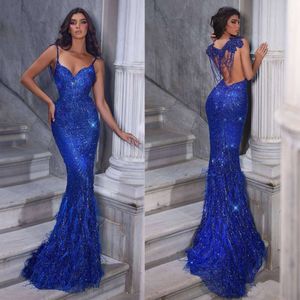 Glamoureuze prom-jurken Mermaid Spaghetti Shining lovertjes Art Deco-geïnspireerde rug zonder rugloze ritsvloer lengte met veren formele jurken feestkleding